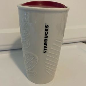 Starbucks White Embossed Flower Ceramic Travel Tumblr Mug Hot Cup 10 oz